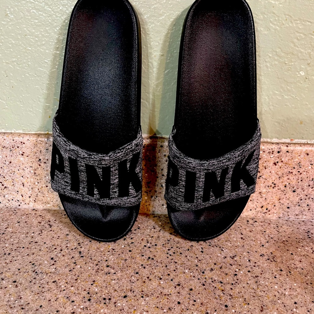 PINK brand slide style sandals - Womens size M. Grey cloth band and black sole.